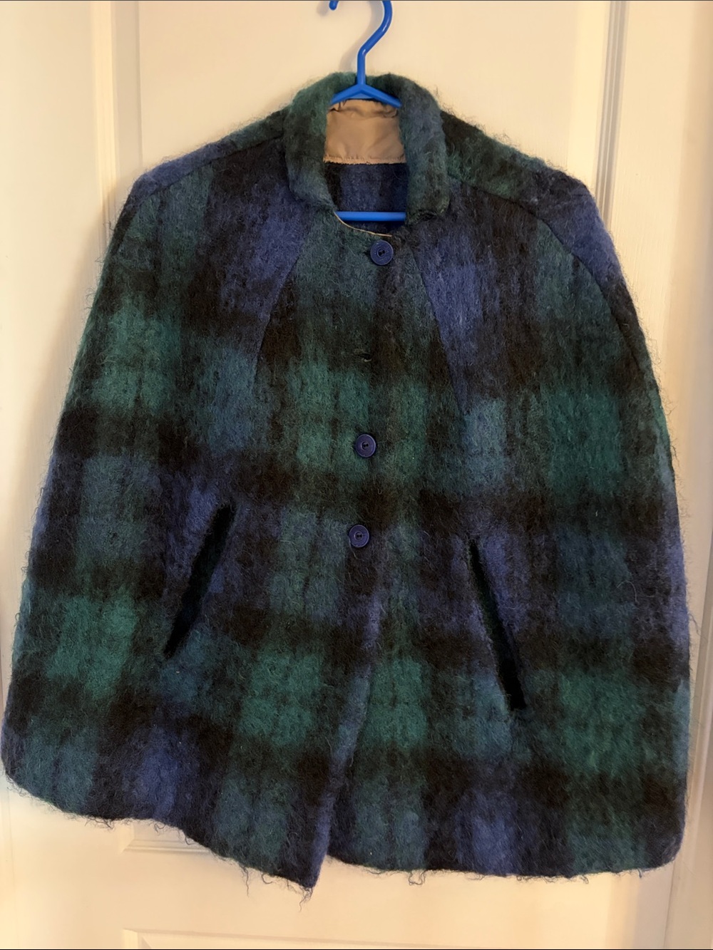 Vintage Plaid Mohair Button-Up Cape- Handmade.